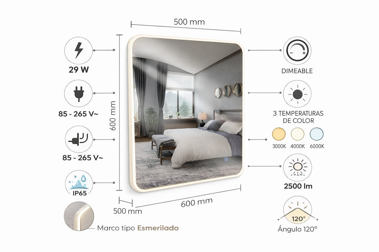 Espejo LED Cuadrado 29W Marco Esmerilado Regulable IP65