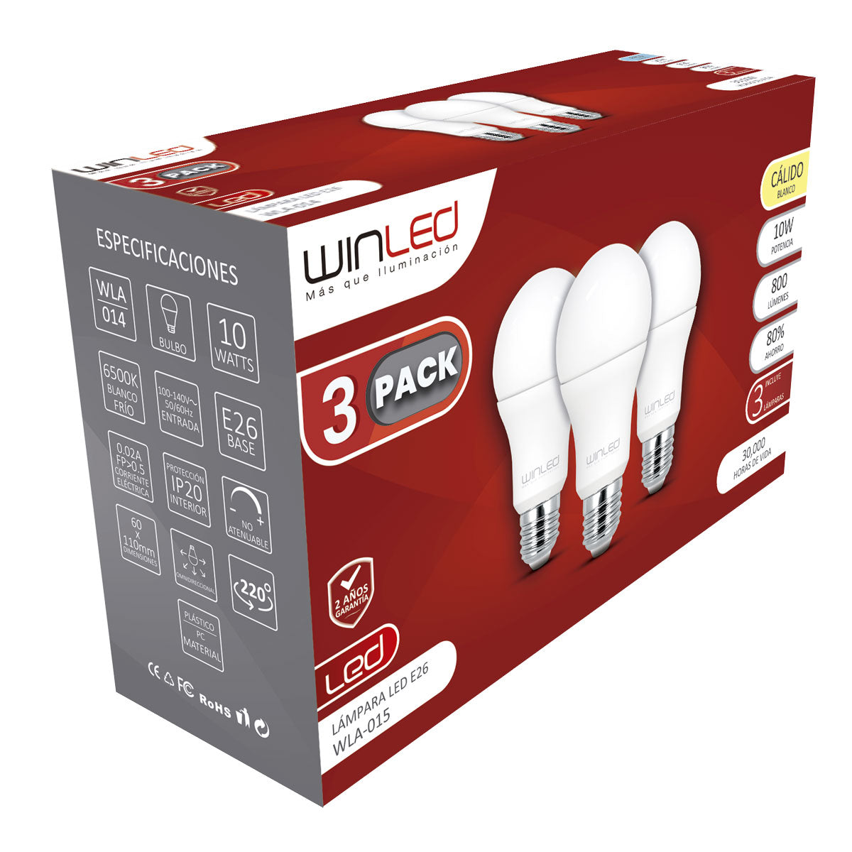 Pack de 3 Focos LED E26 10W – Iluminación Cálida y Eficiente para Interiores-WLA-015
