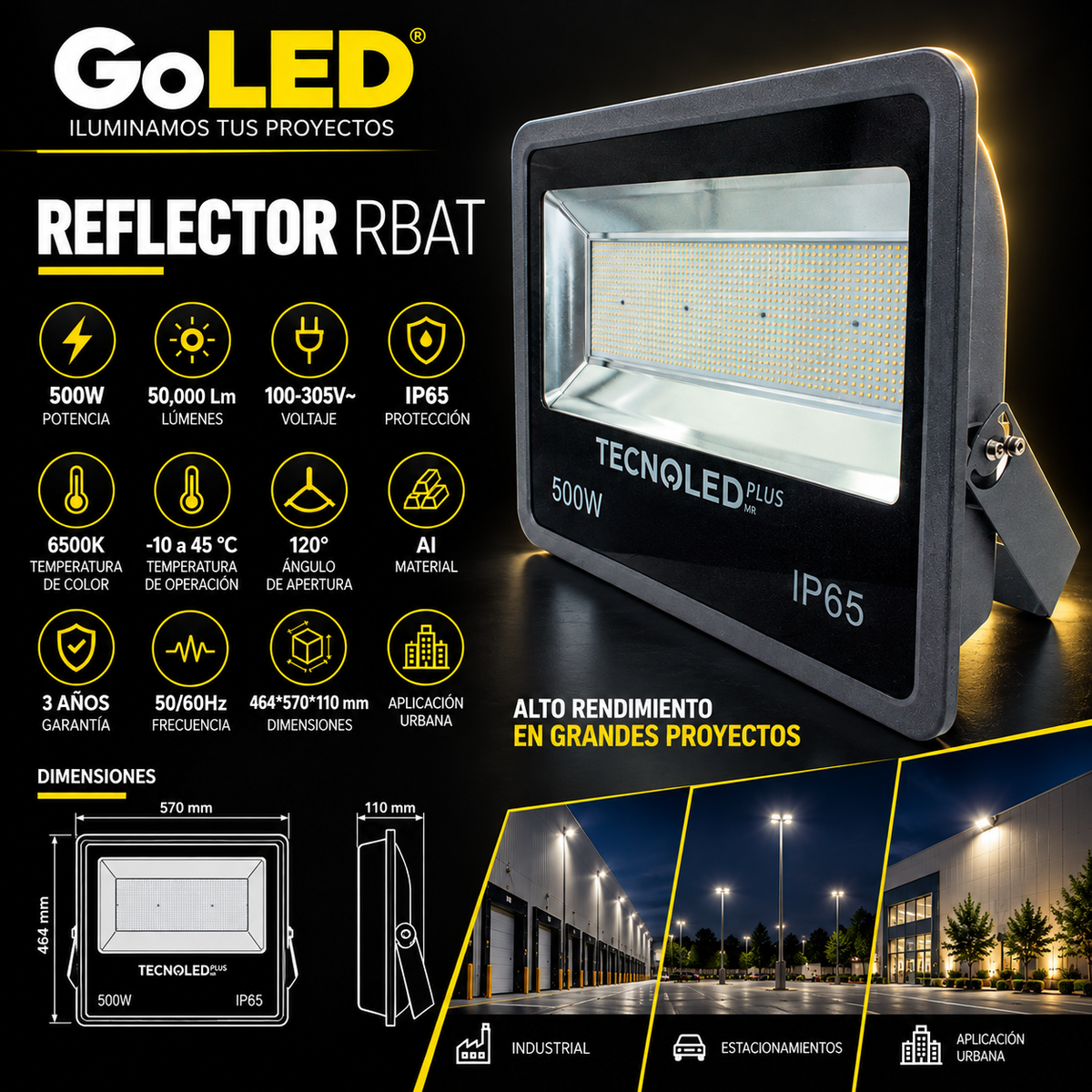 Reflector LED Industrial 500W 50,000 lm IP65