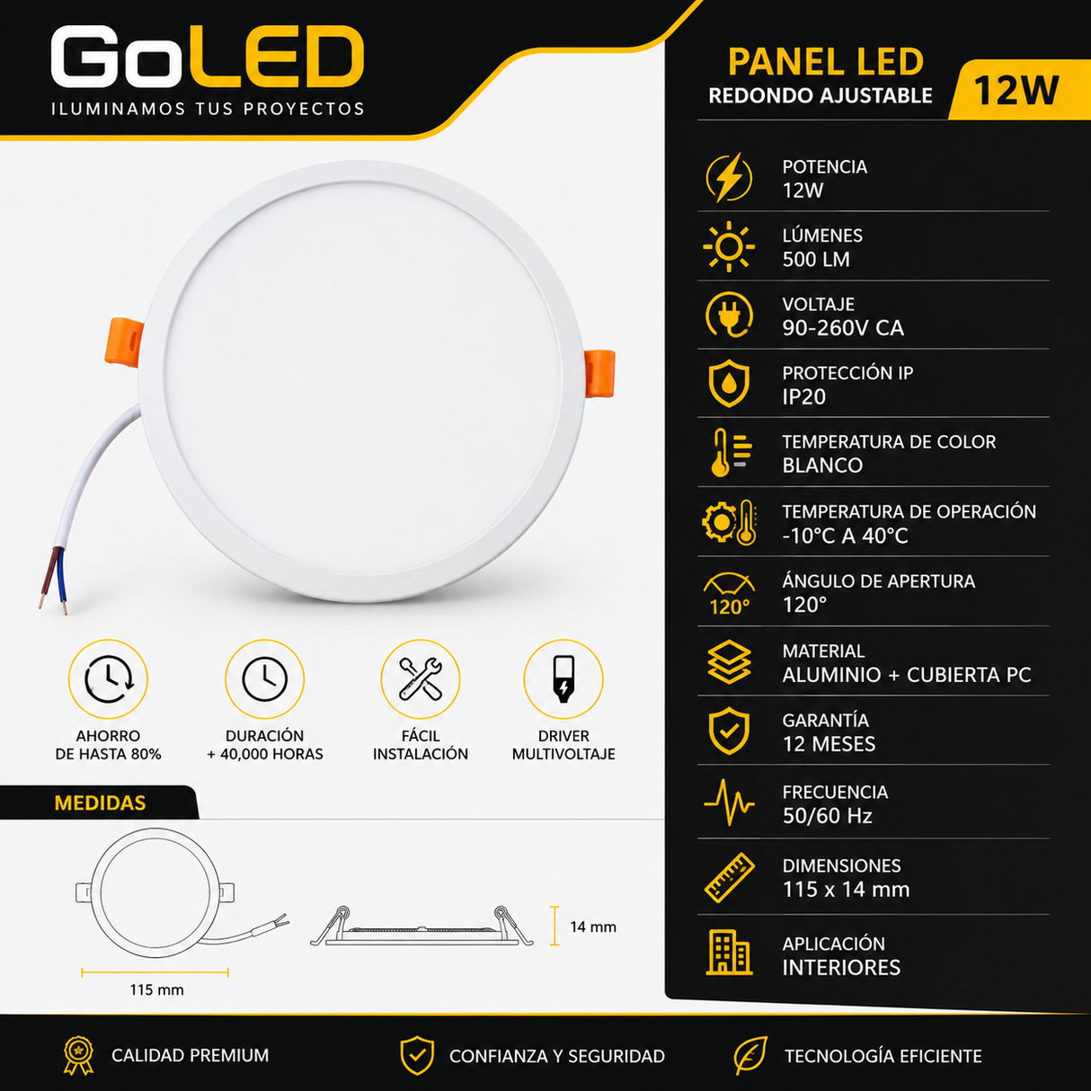 Panel LED Redondo Empotrable Ajustable 12W Blanco C061