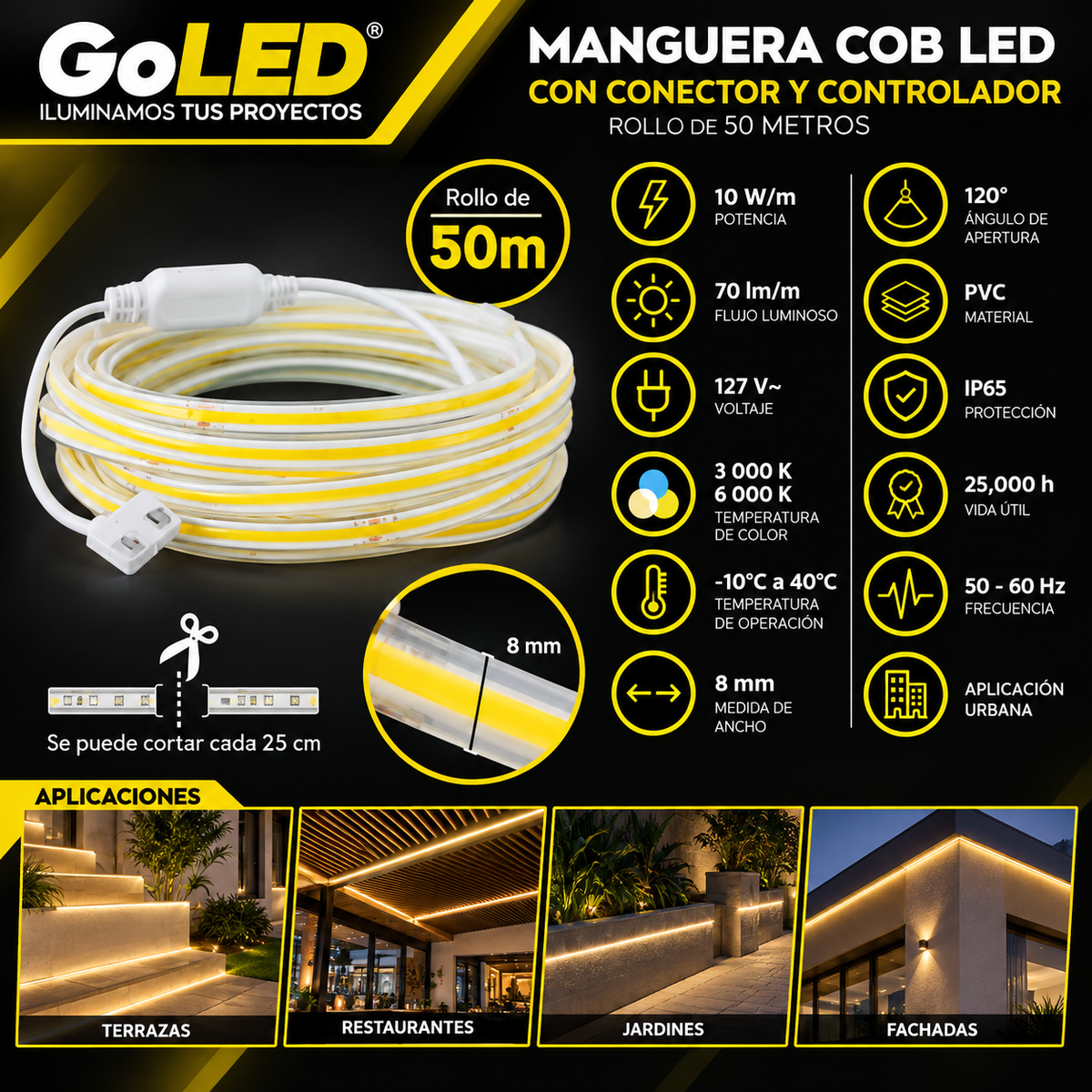 Manguera LED COB 50m 10W/m IP65 para Exterior 127V