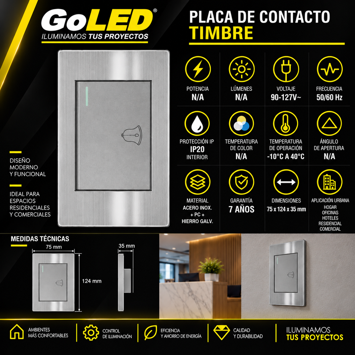 Placa de contacto para Timbre Metálica 15A 127V para Interior Plateada