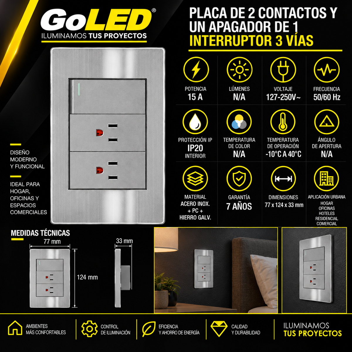Placa 2 Contactos con Apagador 3 Vías 15A Acero Inoxidable