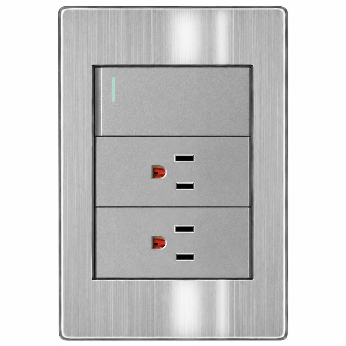 Placa 2 Contactos con Apagador 3 Vías 15A Acero Inoxidable