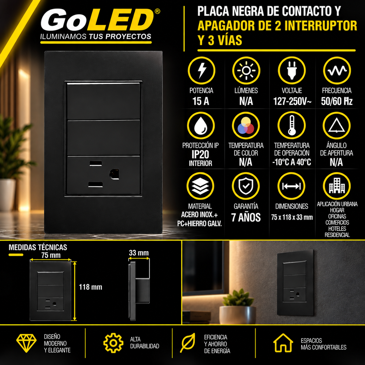 Placa Contacto con Apagador Doble 3 Vías Negro 15A 127-250V