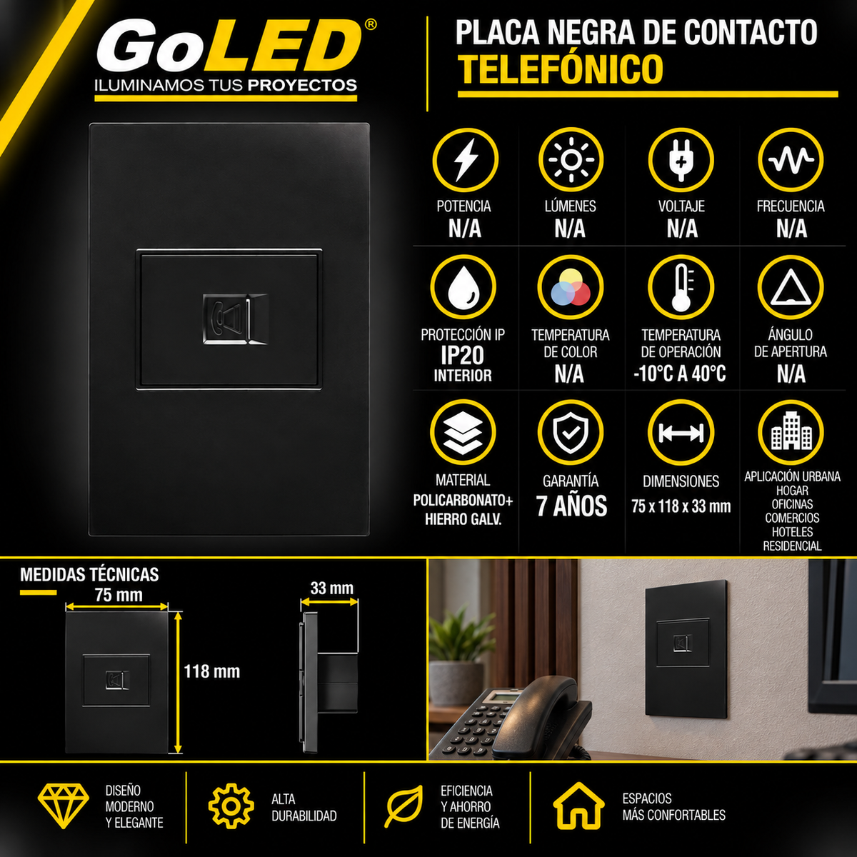 Placa de Contacto Telefónico Negra para Interior IP20