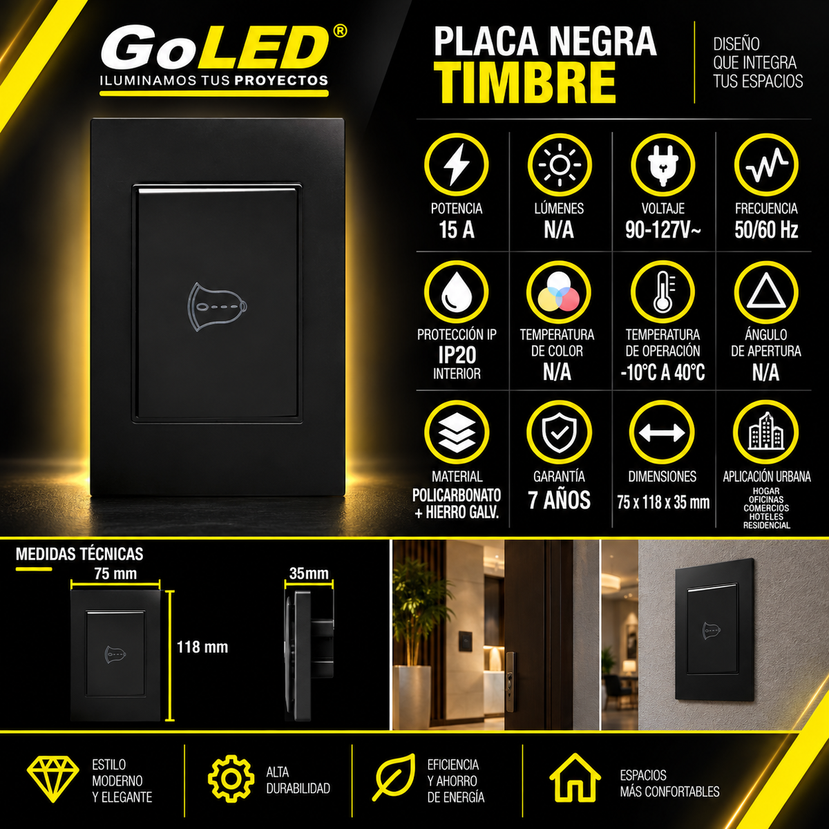 Placa para Timbre Negra 15A 90-127V para Interior IP20