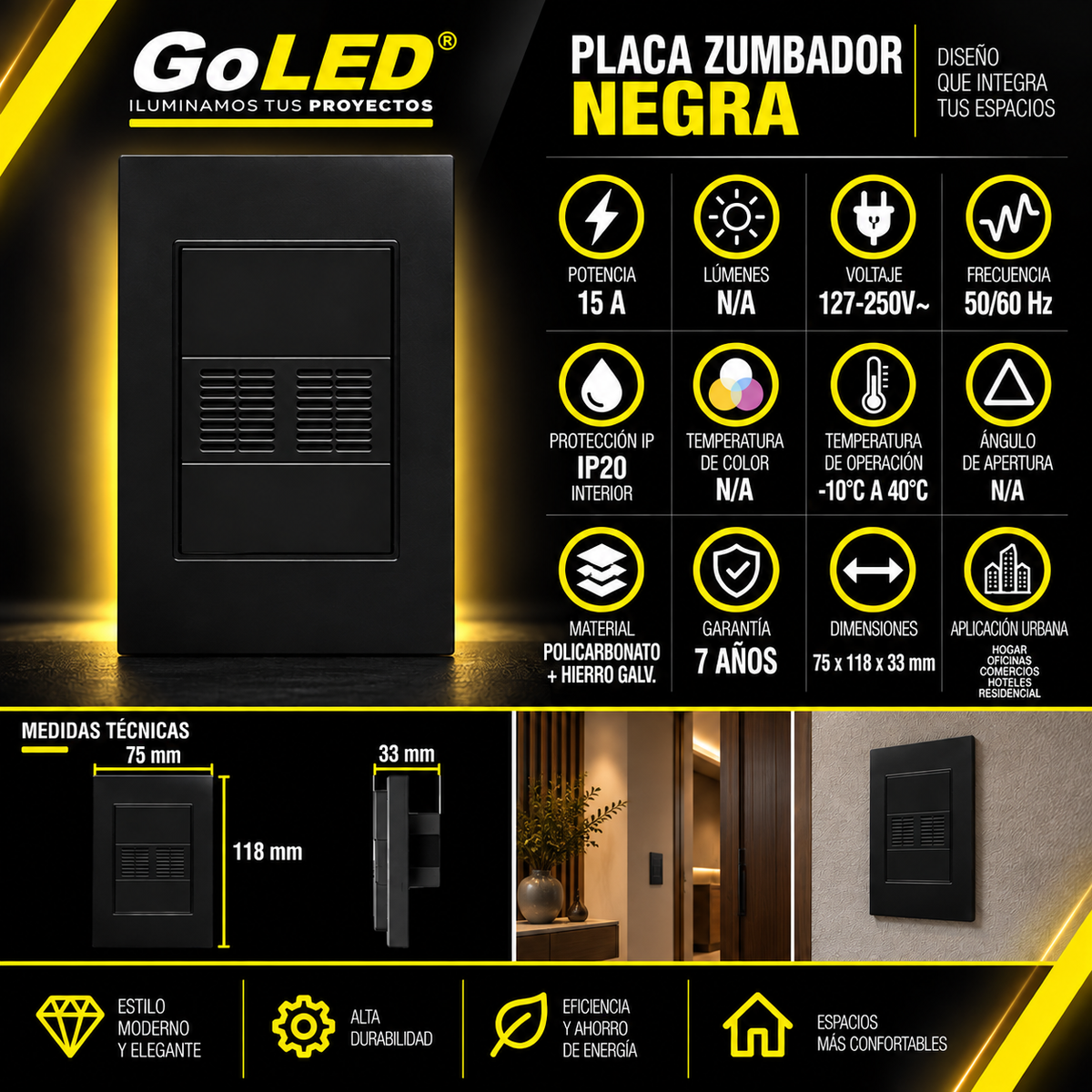 Placa con Zumbador Negra 15A 127-250V para Interior IP20
