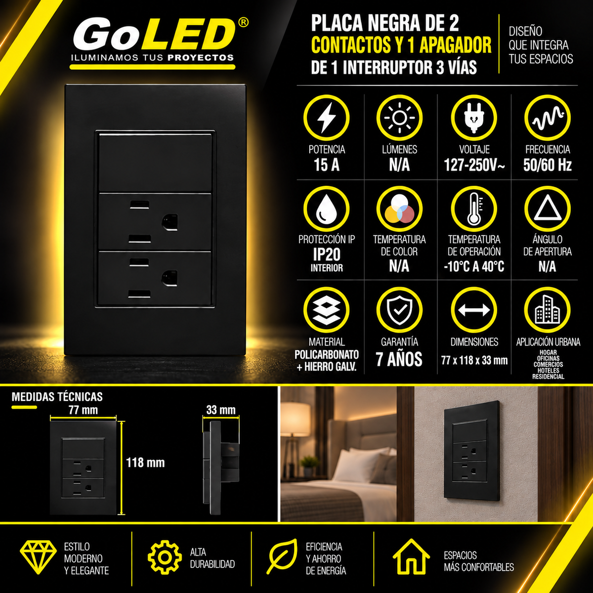 Placa 2 Contactos con Apagador 3 Vías Negra 15A 127-250V