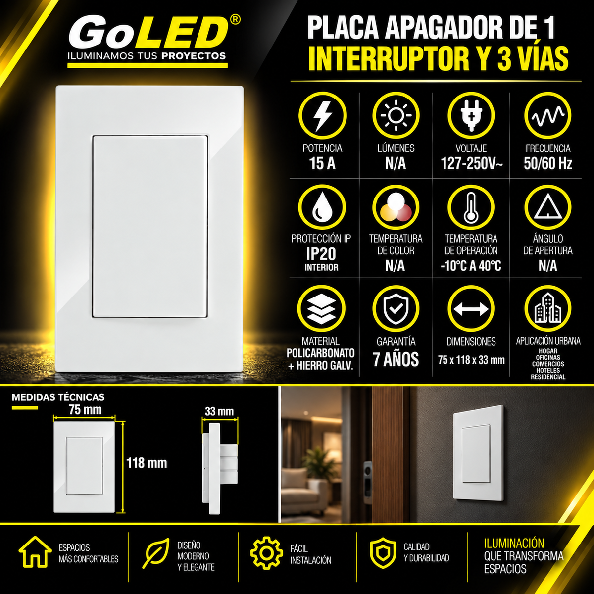 Placa Apagador de 3 Vías Blanco 15A 127-250V para Interior IP20