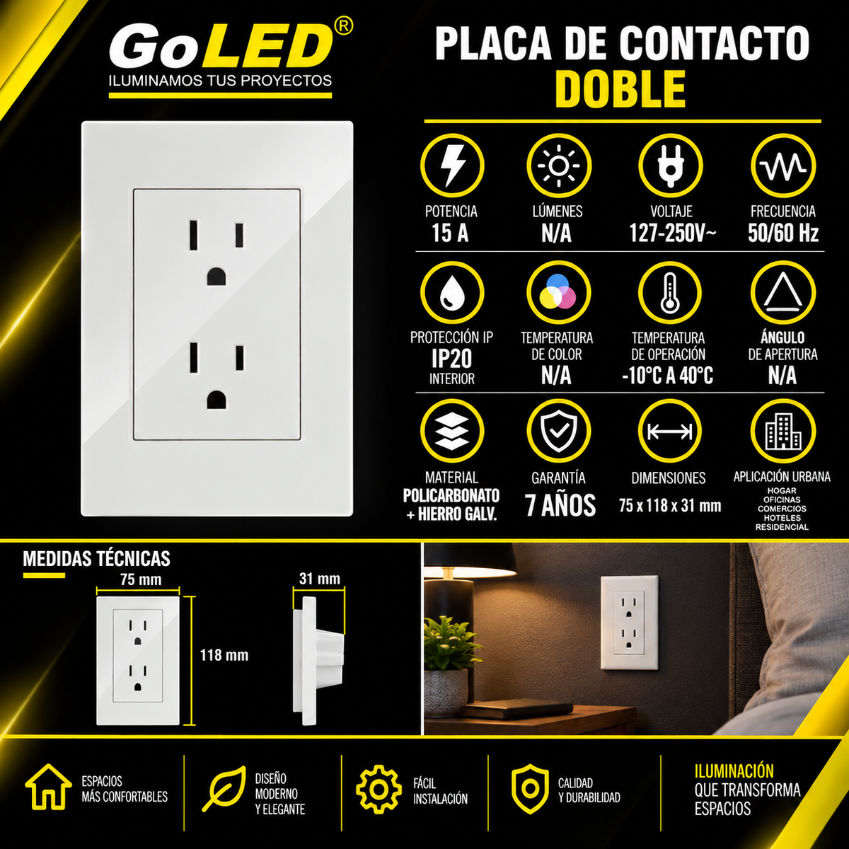 Placa Contacto Doble Blanco 15A 127-250V para Interior IP20