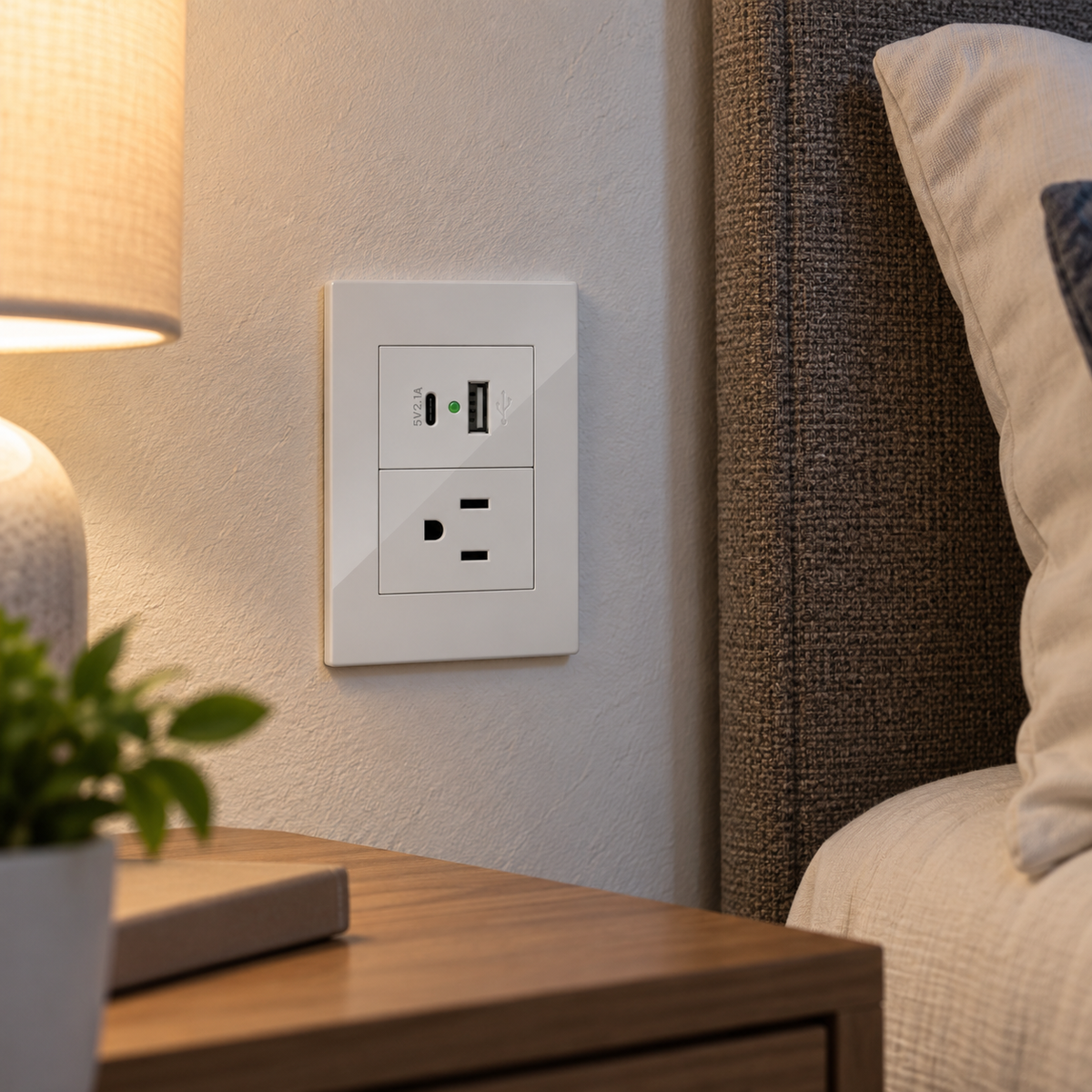 Placa Contacto con USB-A y USB-C Blanco 15A 127-250V Interior