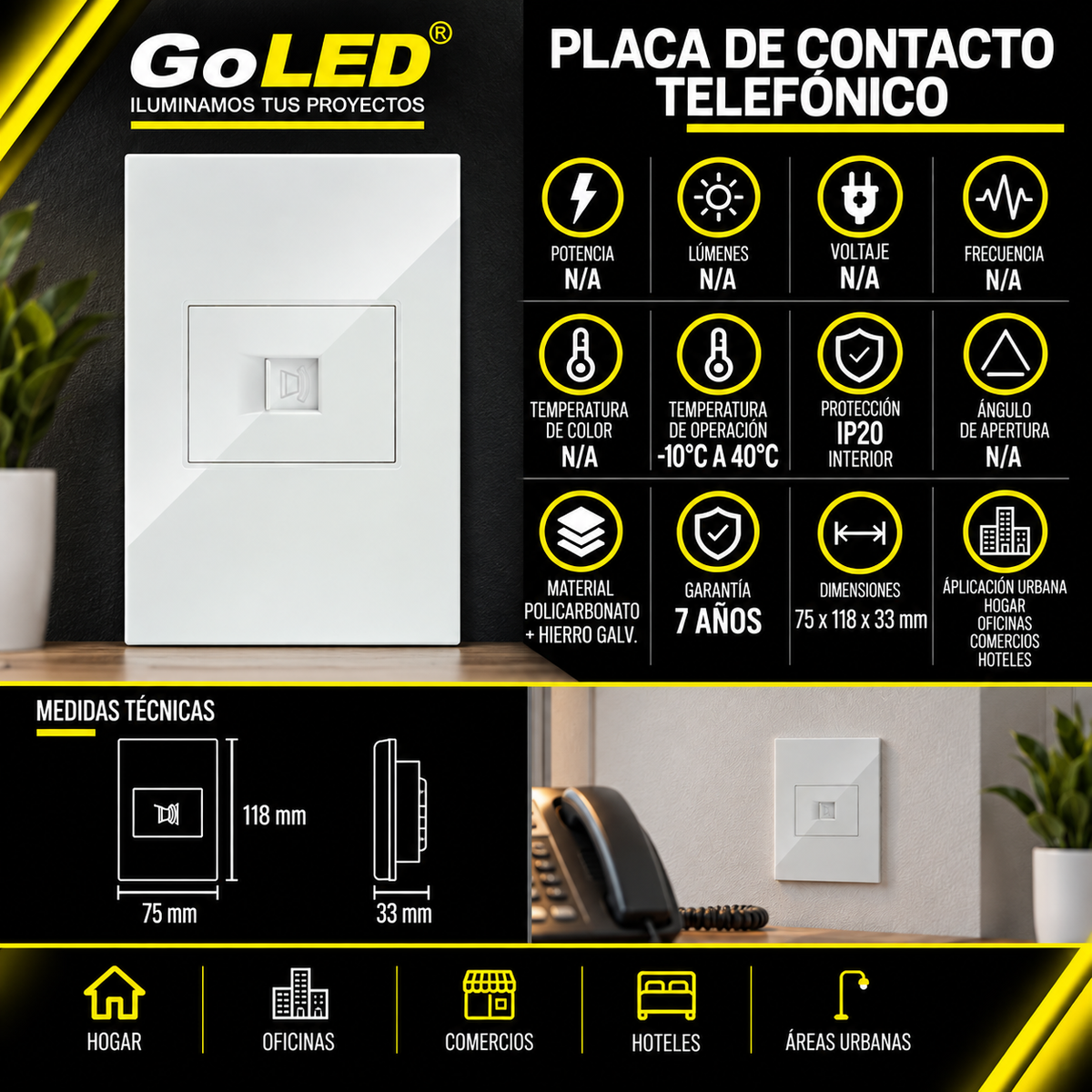 Placa de Contacto Telefónico Blanca para Interior IP20