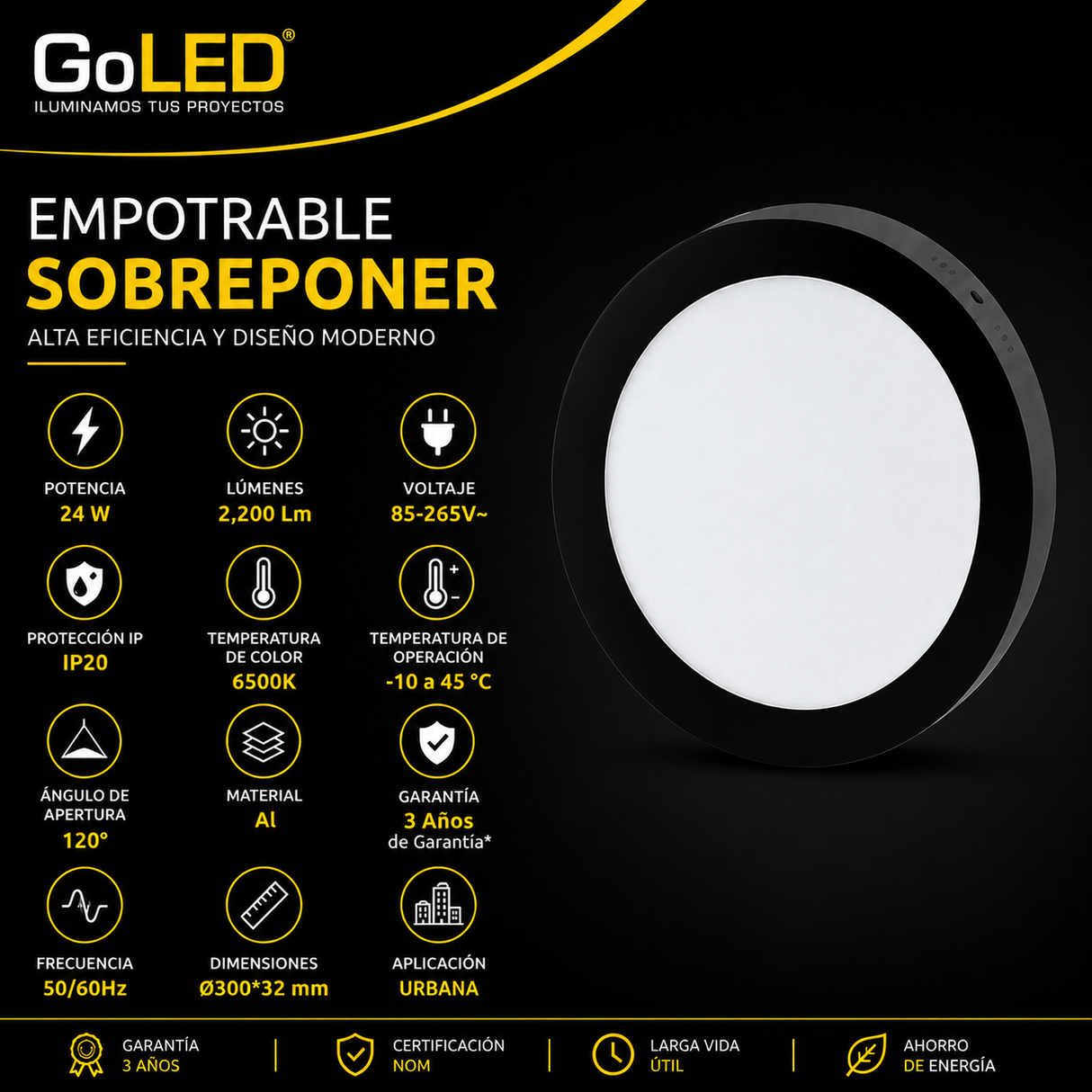 Plafon LED de Sobreponer 24W Negro 6500K Luz Fría