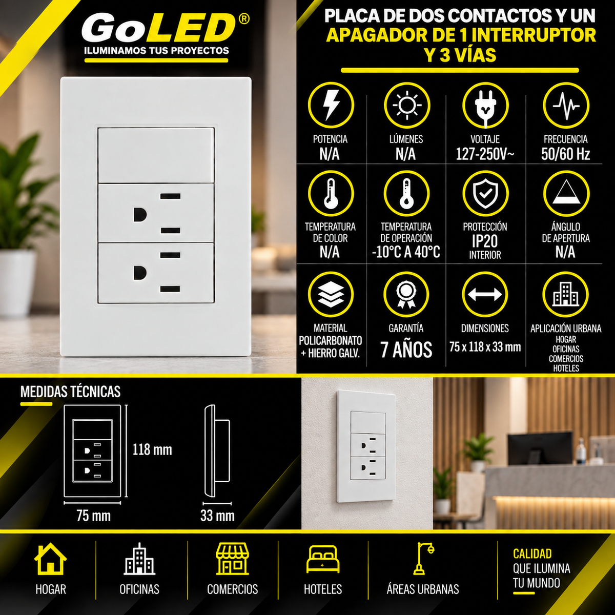 Placa 2 Contactos con Apagador 3 Vías Blanco 15A 127-250V