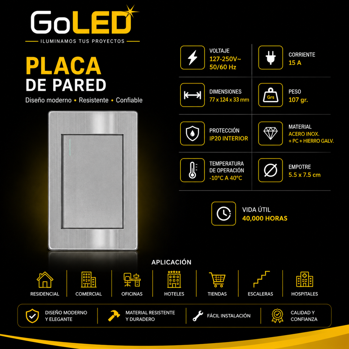 Apagador de 3 Vías con Placa de Acero Inoxidable 15A