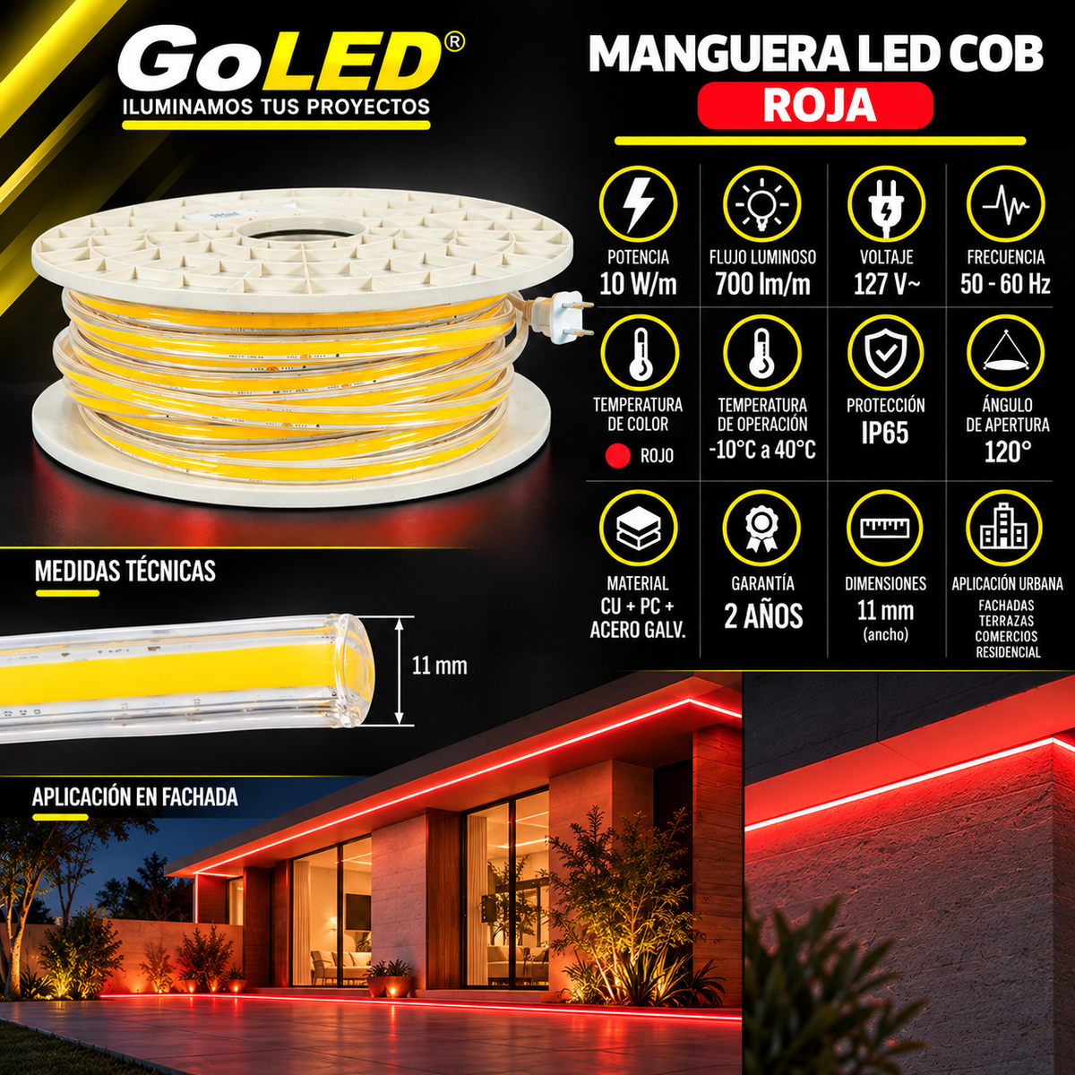 Manguera LED COB Roja 50m IP65 10W/m 127V para Interior y Exterior