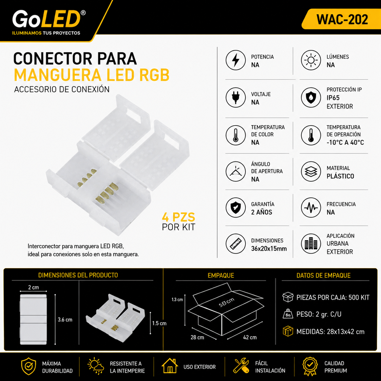 Interconector para Manguera LED RGB Exterior IP65 4 Piezas