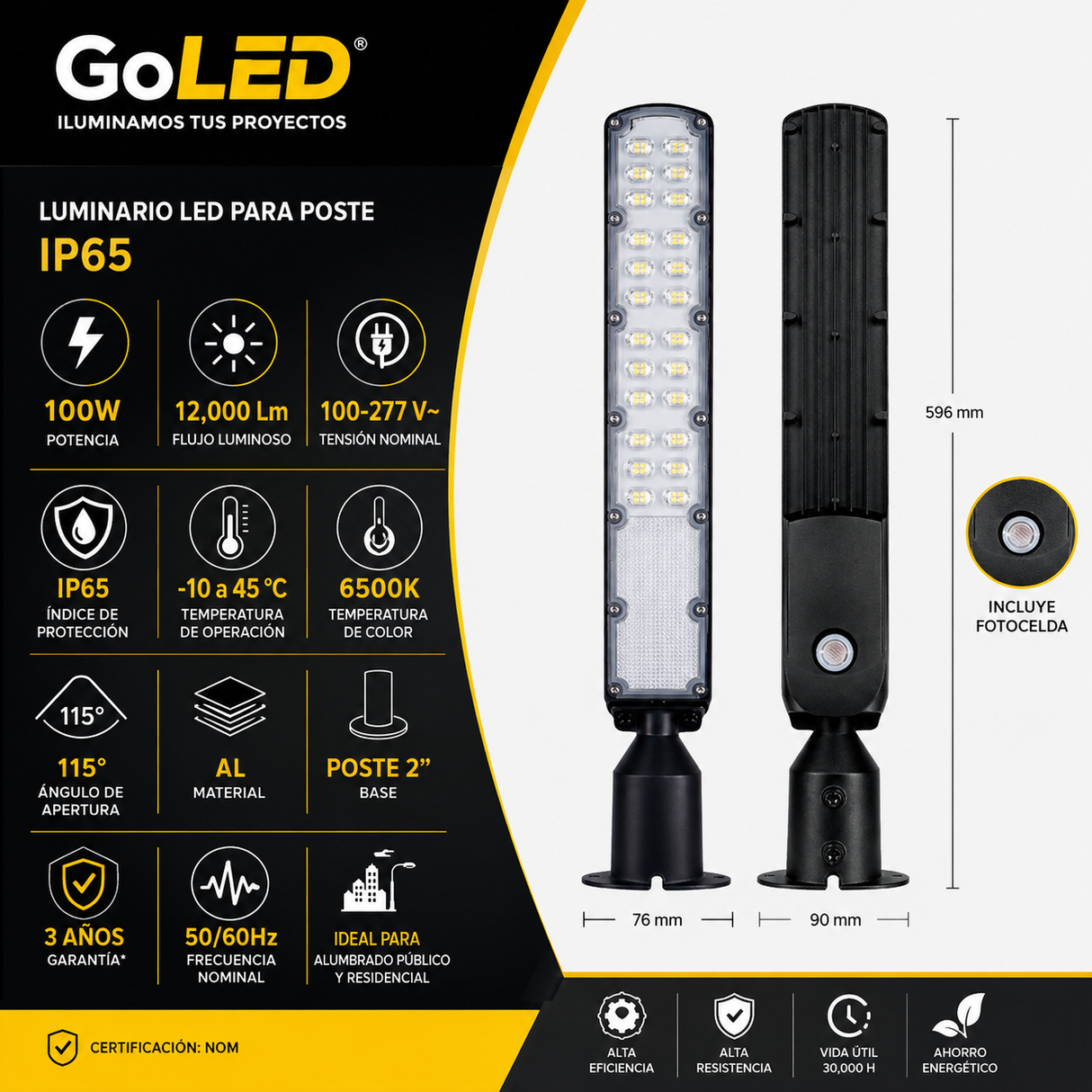 Luminario LED para Poste 100W IP65 con Fotocelda Integrada
