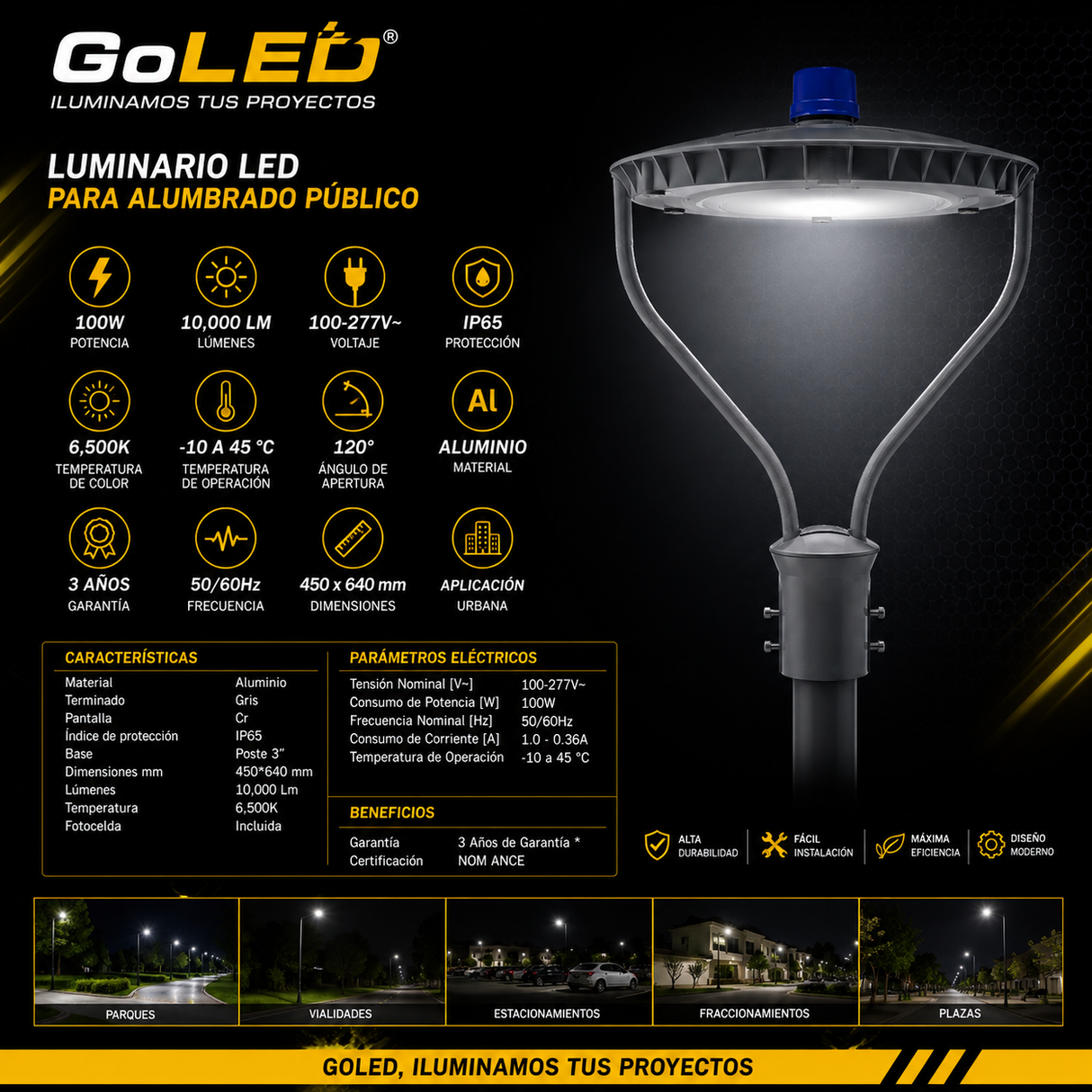 Luminaria LED para Alumbrado Público 100W IP65 con Fotocelda PT-100W