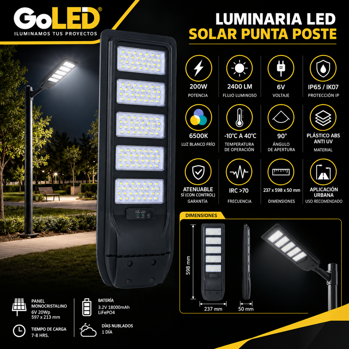 Luminaria Solar LED Punta Poste 2400 Lúmenes con Sensor PIR
