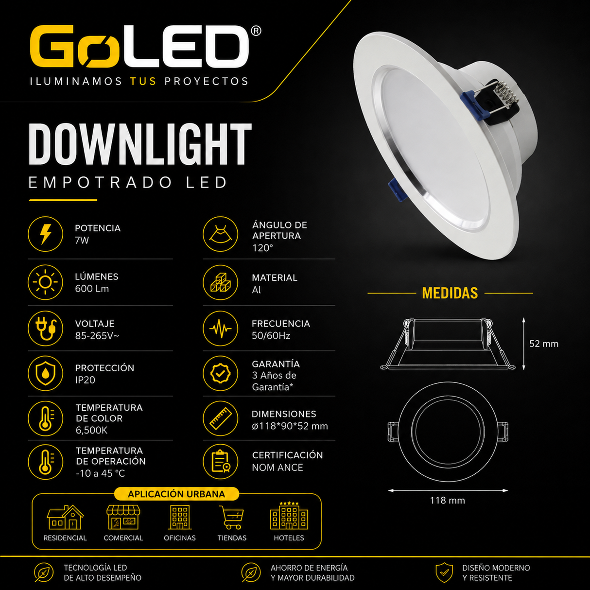 Empotrable LED Downlight 7W 6500K con Aro Satín para Interior