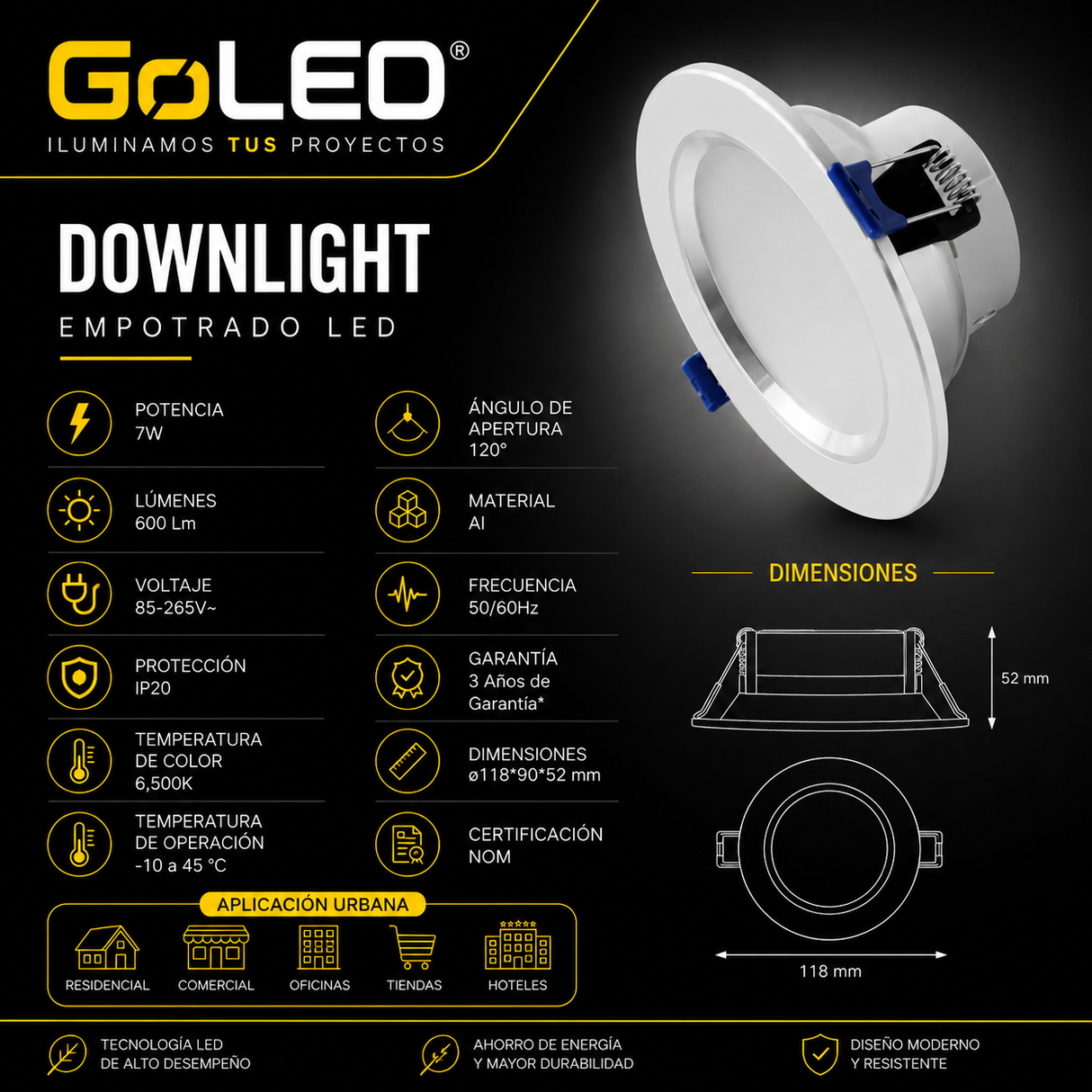 Empotrable LED Downlight 7W 6500K Plata para Interiores