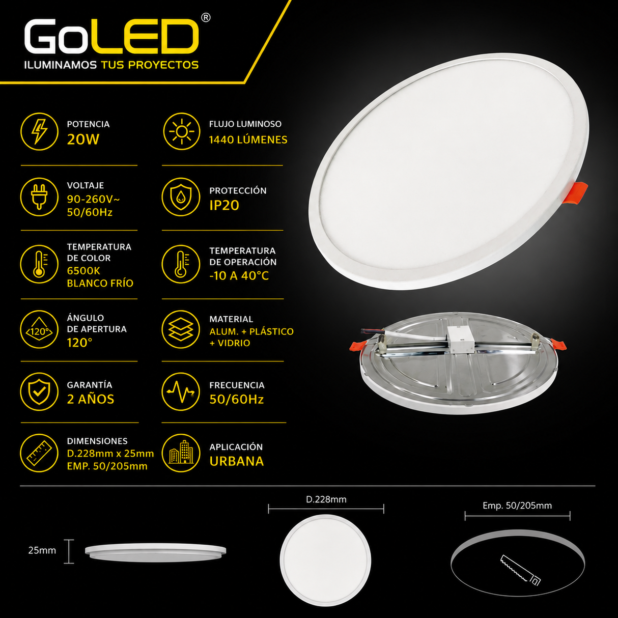 Panel LED Ajustable 20W 6500K Empotrable para Interior