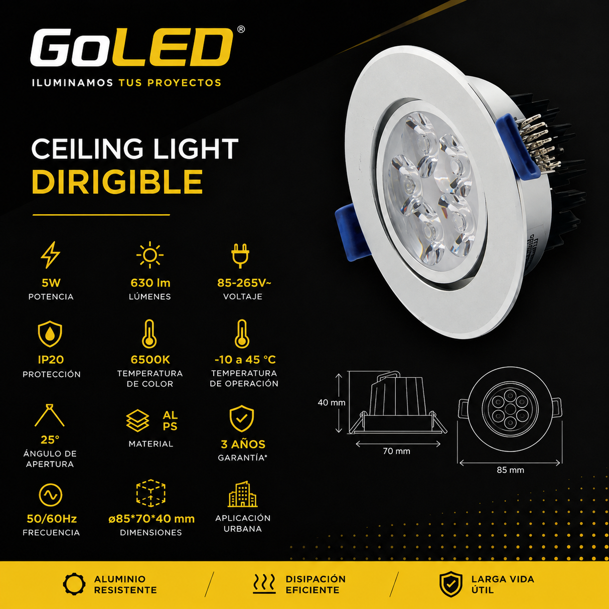 Ceiling Light LED Dirigible 5W 6500K Empotrable para Interior