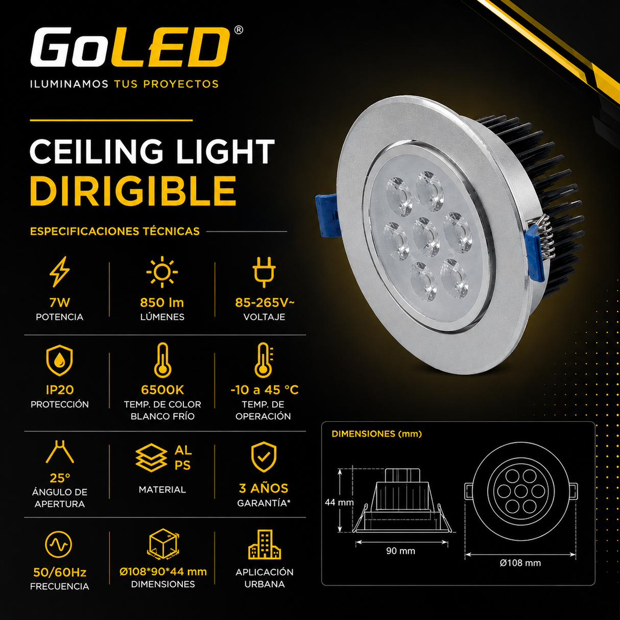 Ceiling Light LED Dirigible 7W 6500K Empotrable Interior