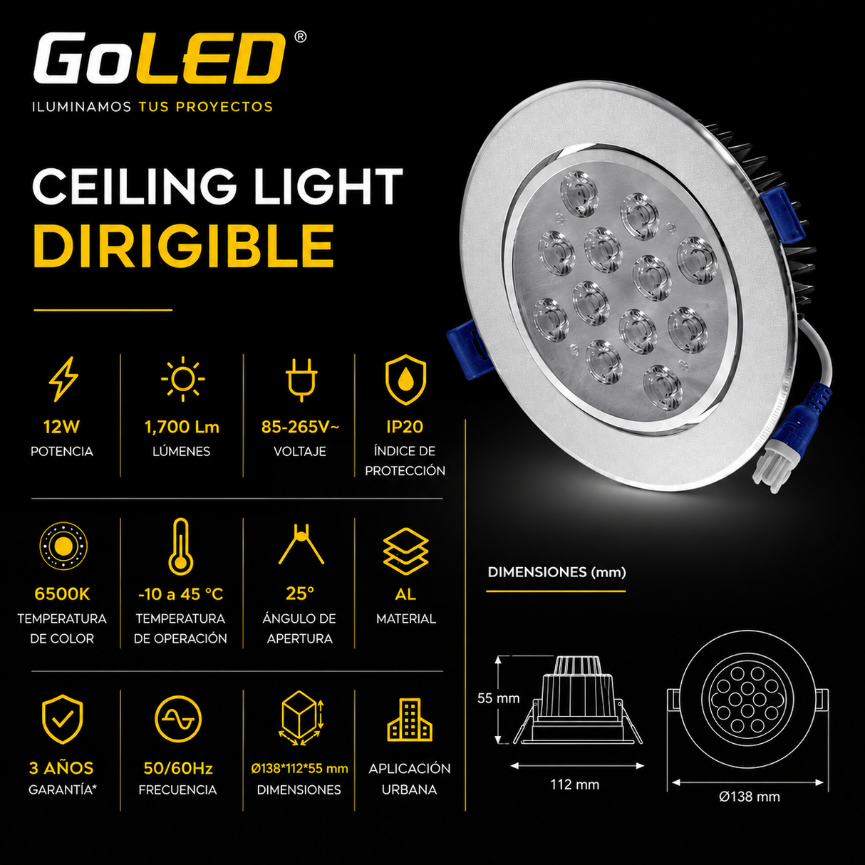 Ceiling Light LED Dirigible 12W 6500K para Iluminación Interior