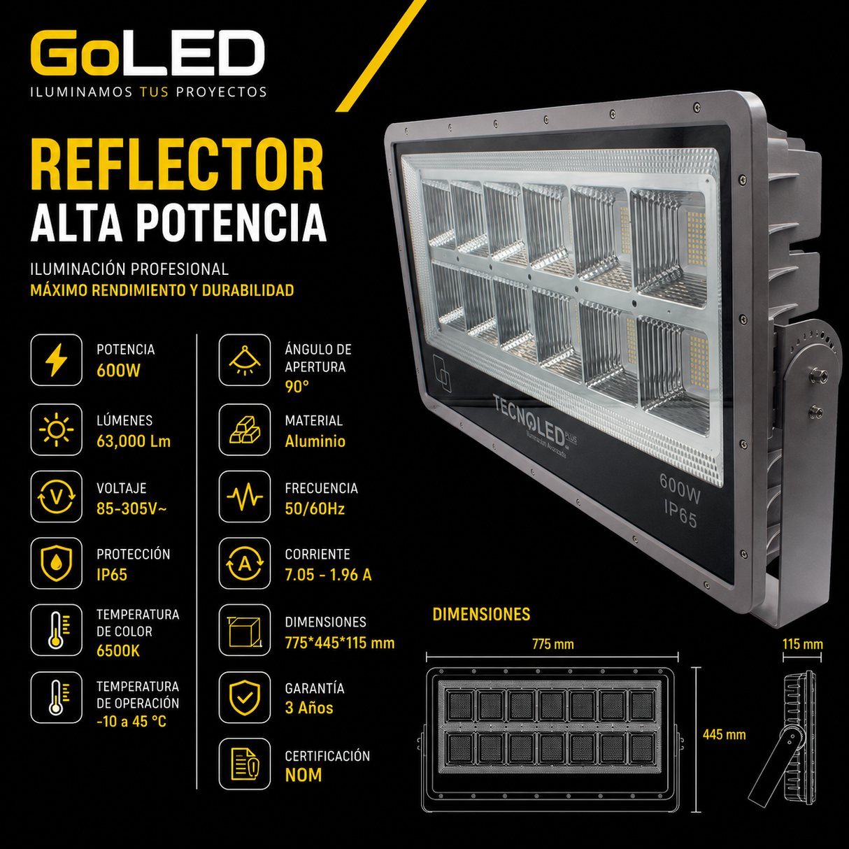 Reflector LED Alta Potencia SMD 600W IP65 63000 lm