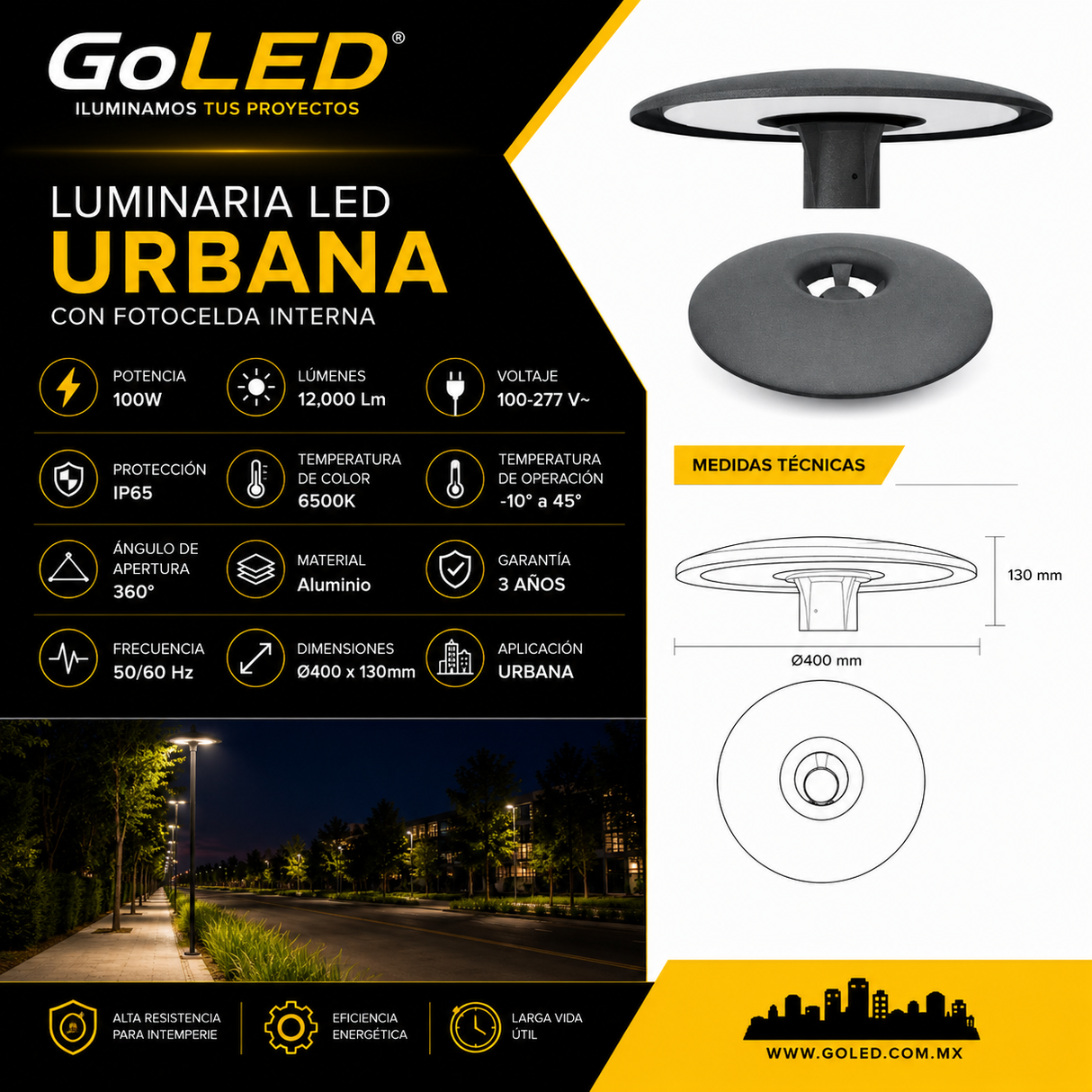 Luminario LED Punta de Poste 100W IP65 con Fotocelda Interna PTKJ-100W