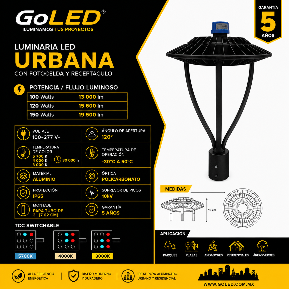 Luminaria Suburbana LED Punta de Poste Switchable 100-150W 57492
