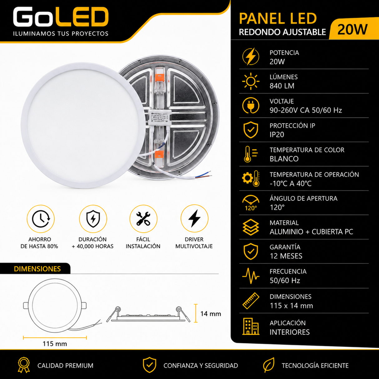Panel LED Redondo Empotrable Ajustable 20W Blanco C063