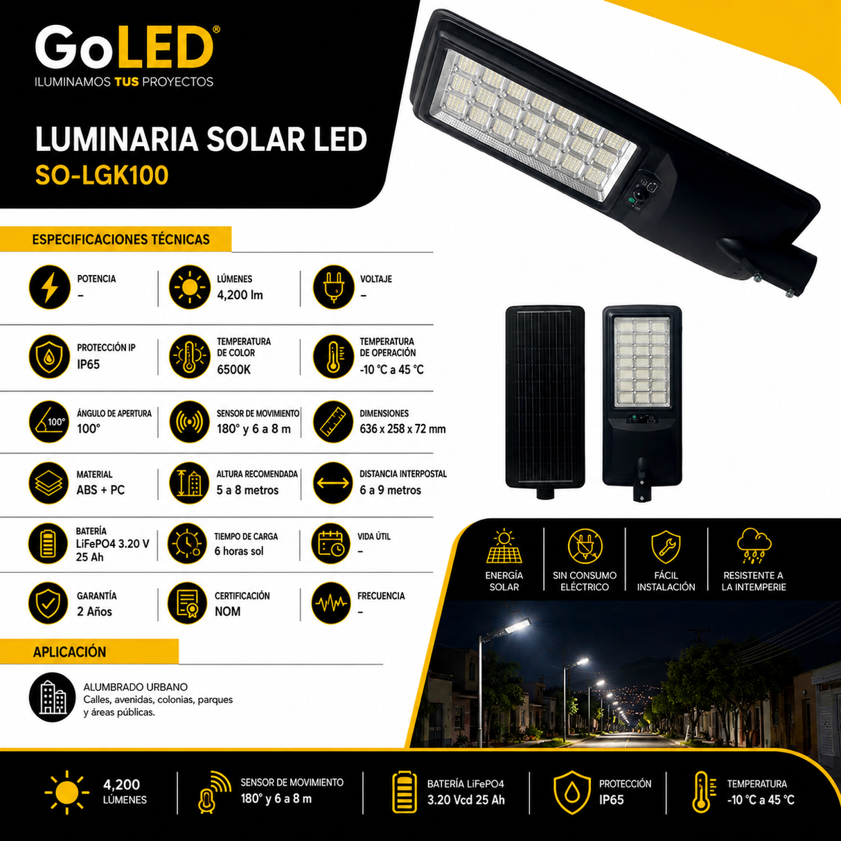 Luminaria Solar LED 100W con Sensor y Control Remoto SO-LGK100
