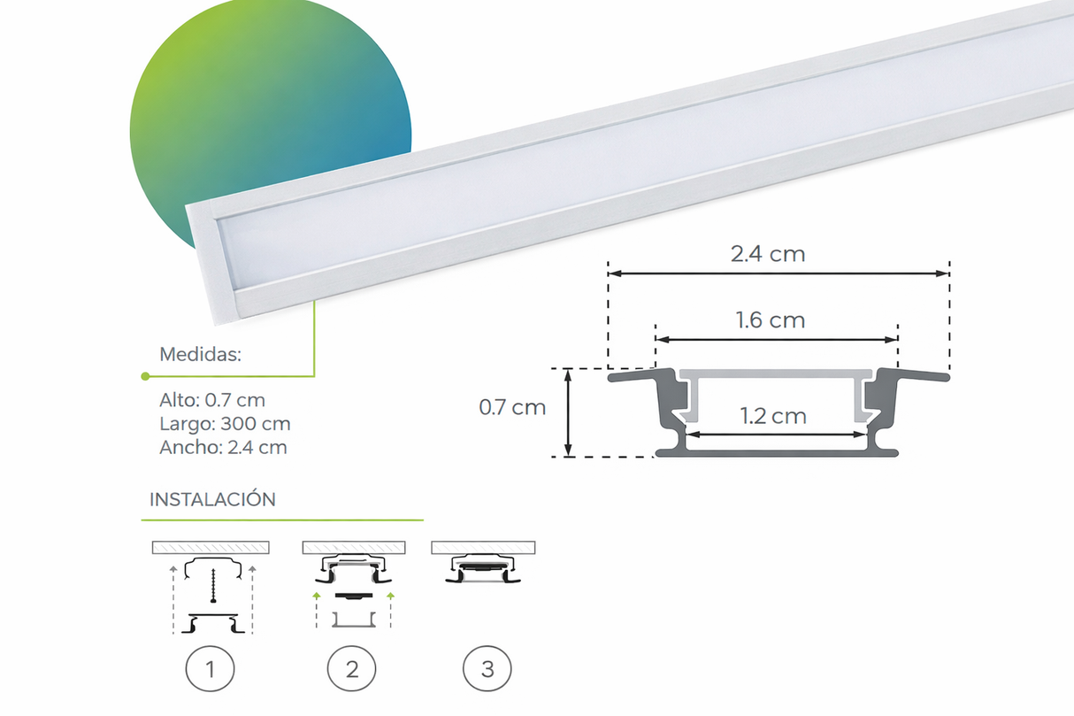 Perfil de Aluminio para Tira LED 3m con Difusor Opalino con Cejita