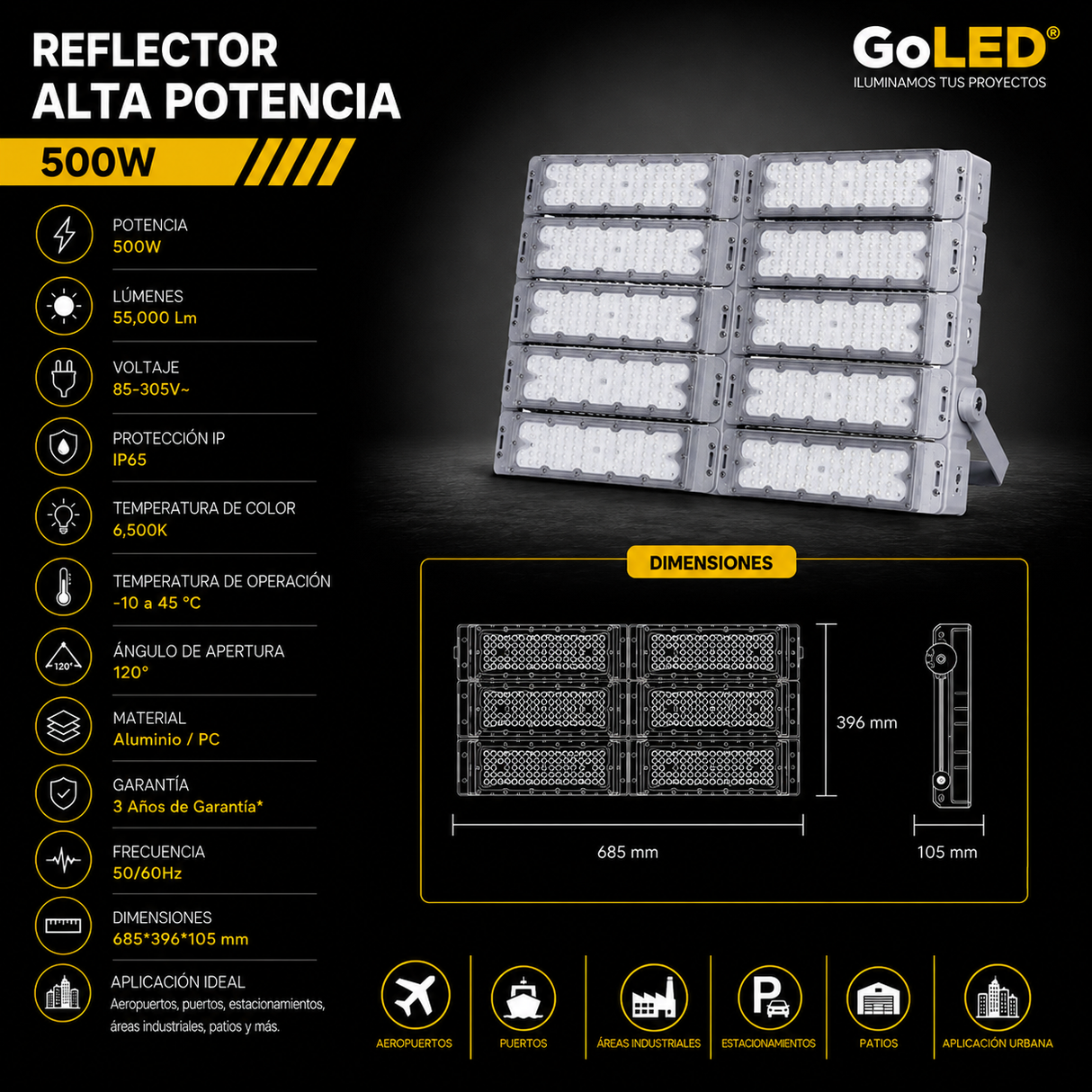 Reflector LED Industrial 500W IP65 Luz Fría 6500K CTNW-500W