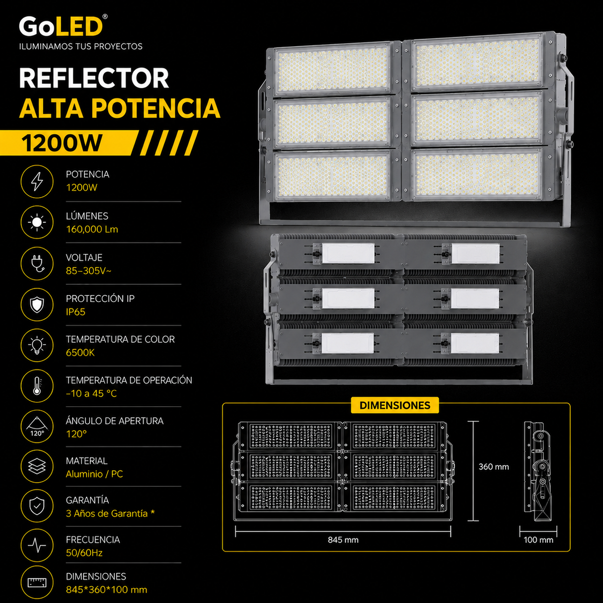 Reflector LED Industrial 1200W IP65 Luz Fría 6500K CTNW-1200W