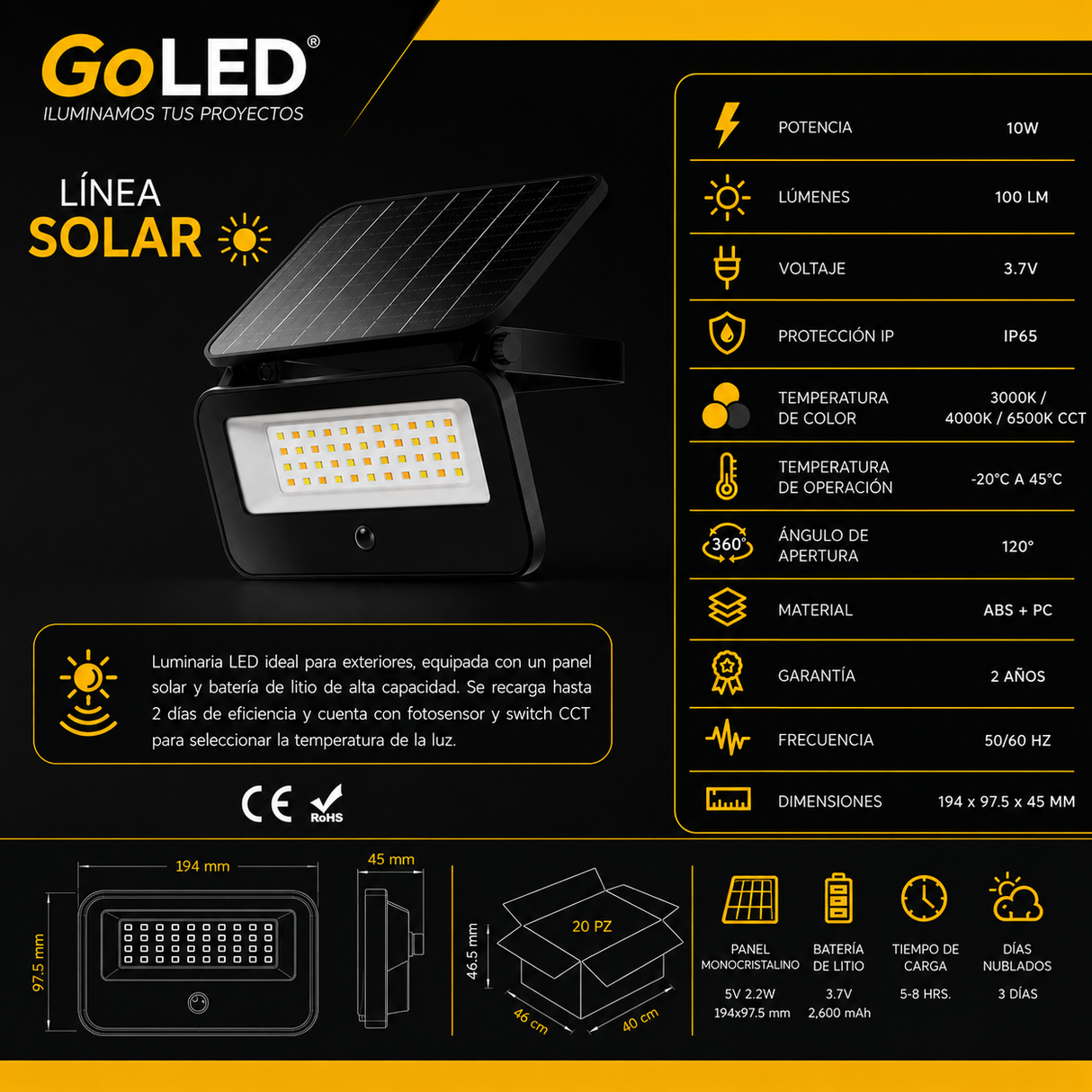 Reflector Solar LED Arbotante CCT con Panel Solar ASL-010