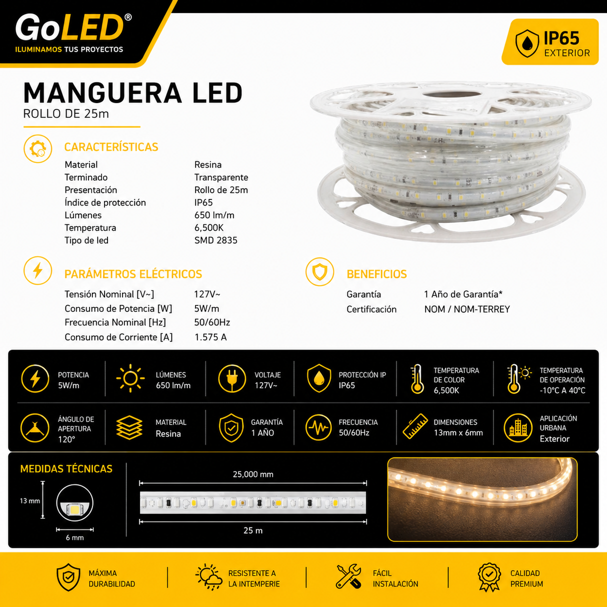 Manguera LED 6500K IP65 para Exterior Rollo de 25 Metros