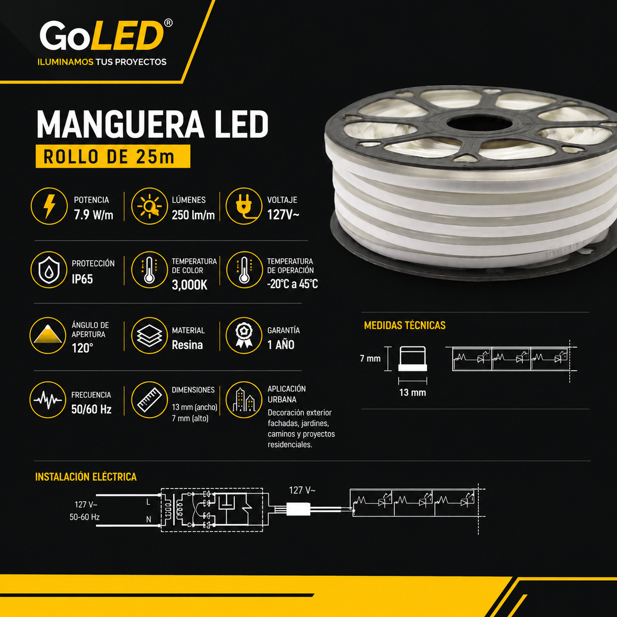 Manguera LED Neón Flexible 25m Blanco Cálido 3000K IP65 ML-NEON-BC