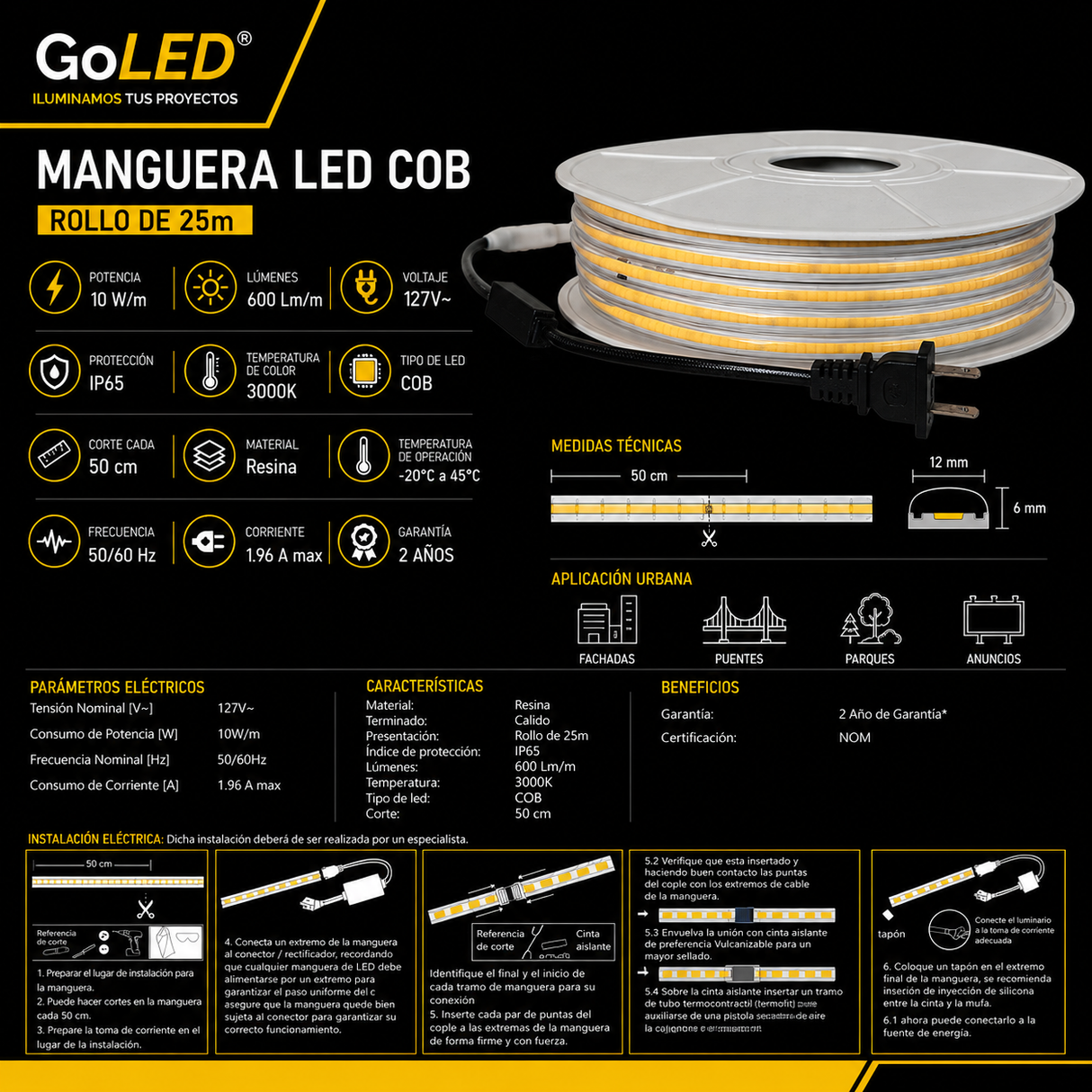 Manguera LED COB 25m Blanco Cálido 3000K IP65 ML-MLCOB-BC