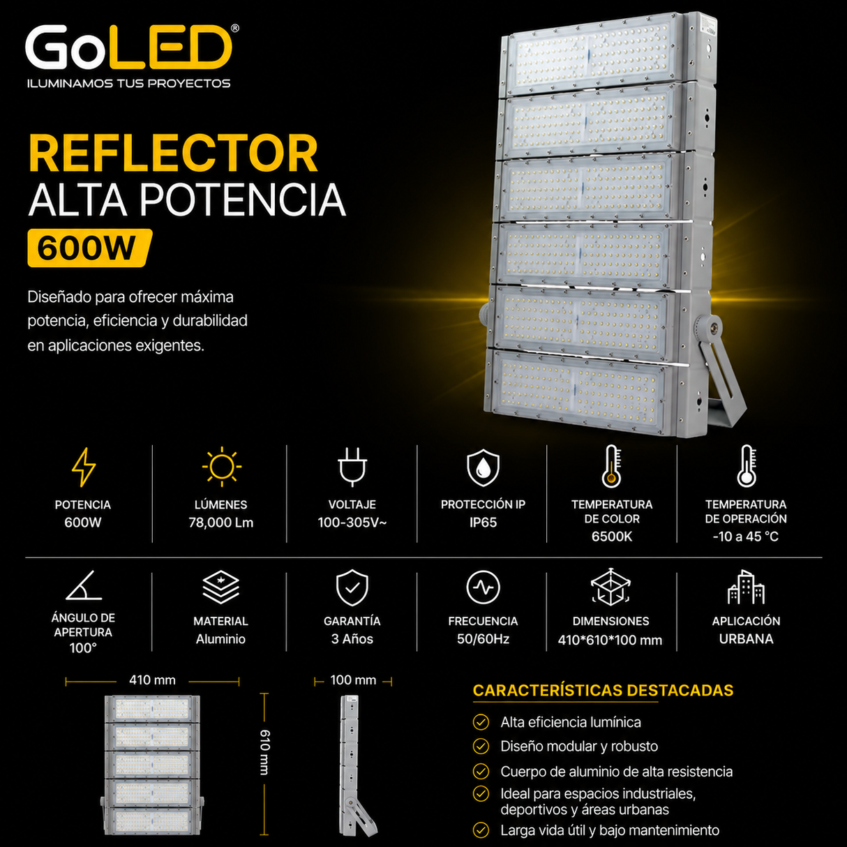 Reflector LED Alta Potencia 600W IP65 78000 lm CTNW-600W