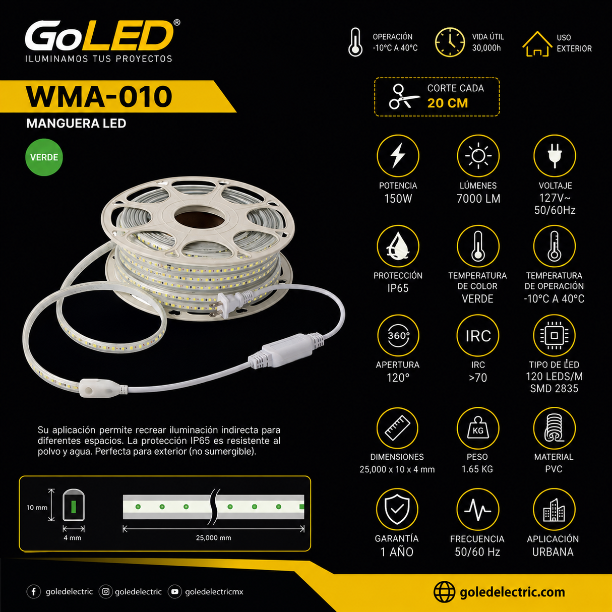 Manguera LED Exterior 150W SMD 2835 Verde 25m
