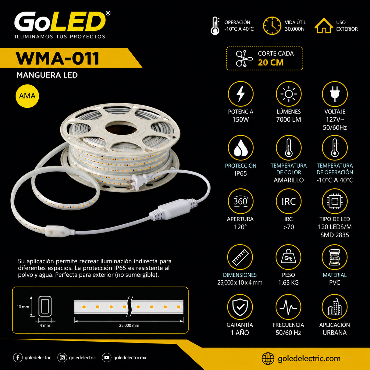 Manguera LED Exterior 150W SMD 2835 Amarilla 25m