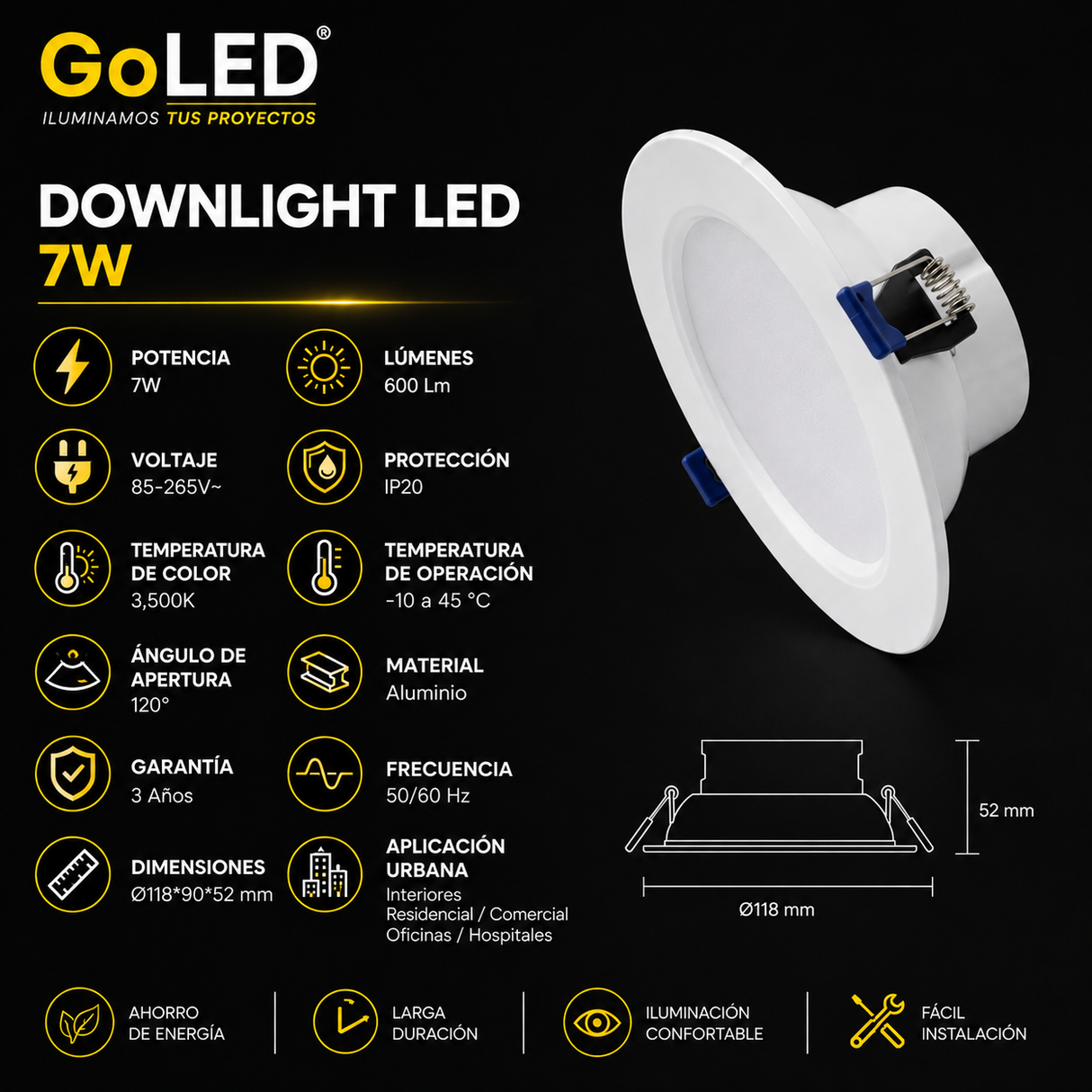 Downlight LED Empotrable 7W Luz Cálida 3500K ML-DL-7W-WT-BC