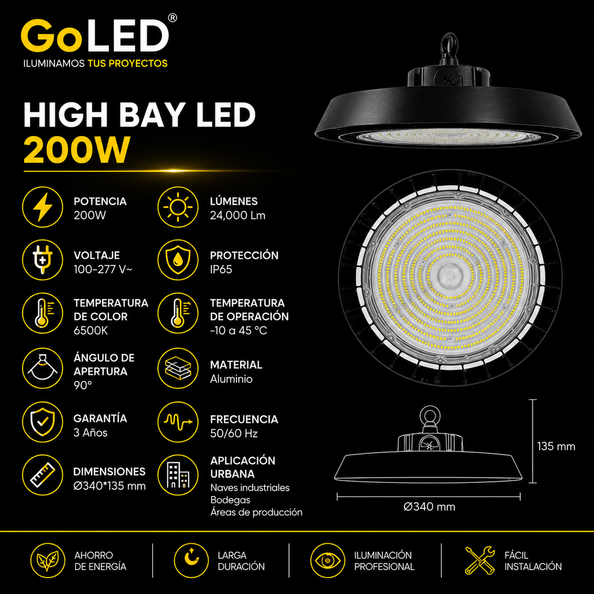 Campana Industrial LED UFO 200W IP65 24000 lm