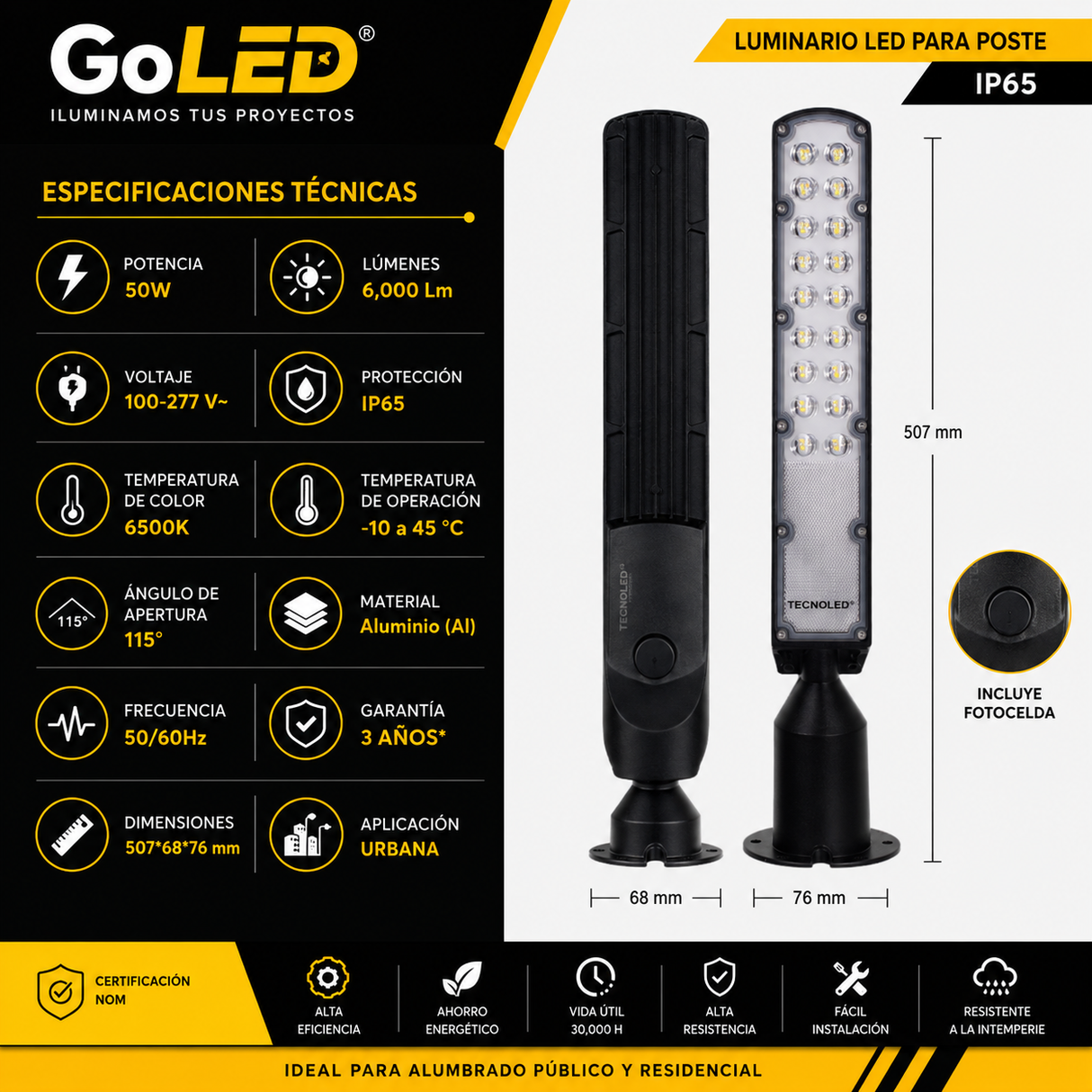 Luminario LED para Poste 50W IP65 para Alumbrado Exterior