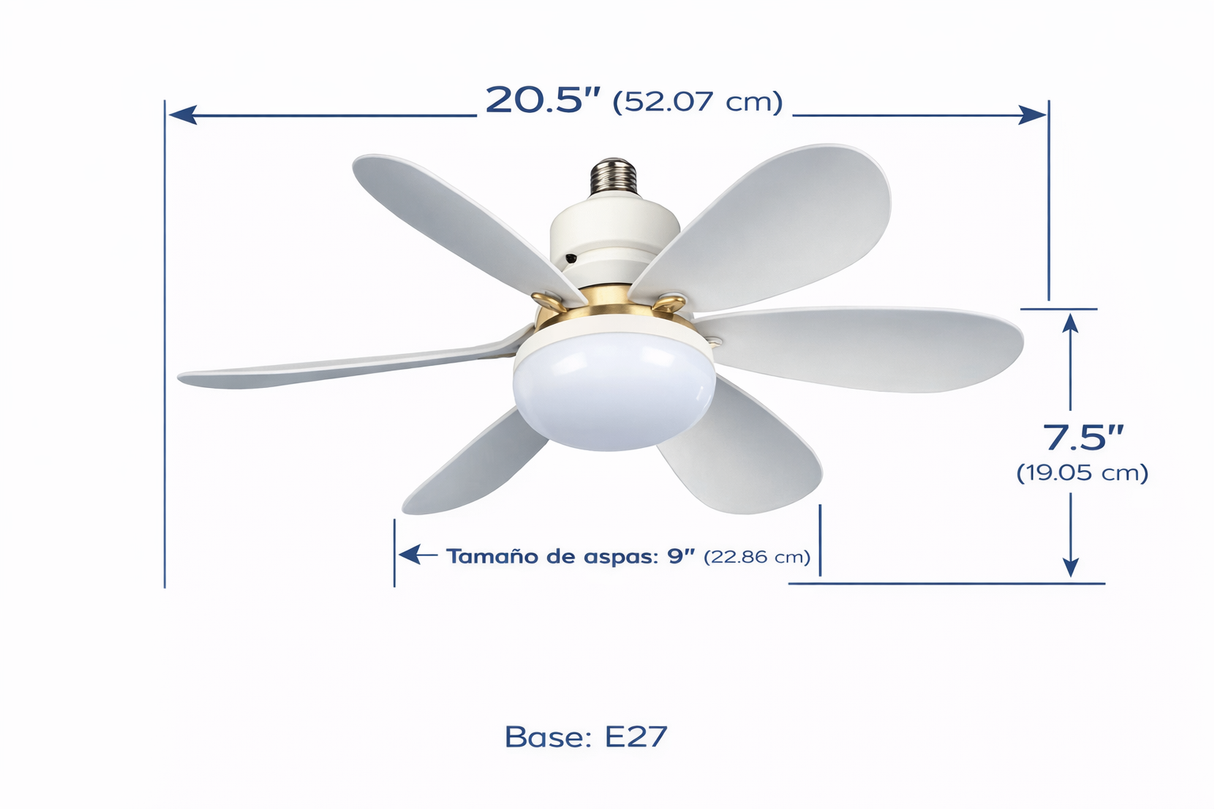 Ventilador de Techo LED 20.5” Blanco con Base E27 y Control Remoto